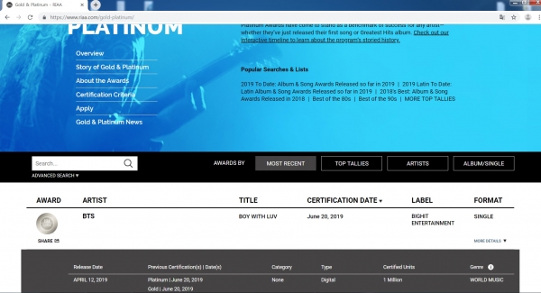 BTS의 두 번째 플래티넘 인증을 알리는 RIAA 홈페이지.
